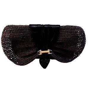 Helen Kaminski Woven Raffia Bow Clutch Bag Black Suede Bamboo Coastal